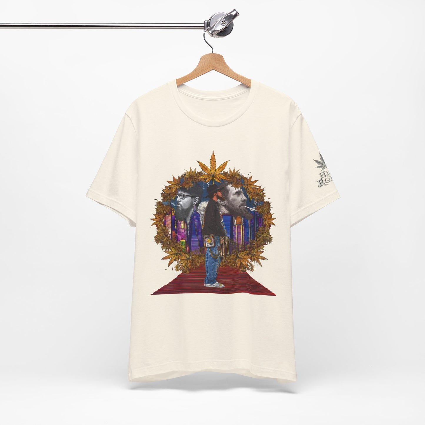 Red Carpet Royalty Premium Cannabis Culture T-Shirt - Hip-Hop Legends Tribute With Golden Cannabis Wreath And City Skyline