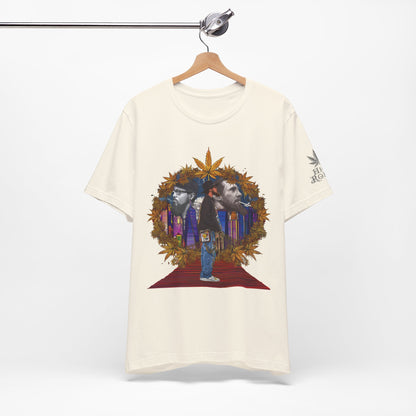 Red Carpet Royalty Premium Cannabis Culture T-Shirt - Hip-Hop Legends Tribute With Golden Cannabis Wreath And City Skyline