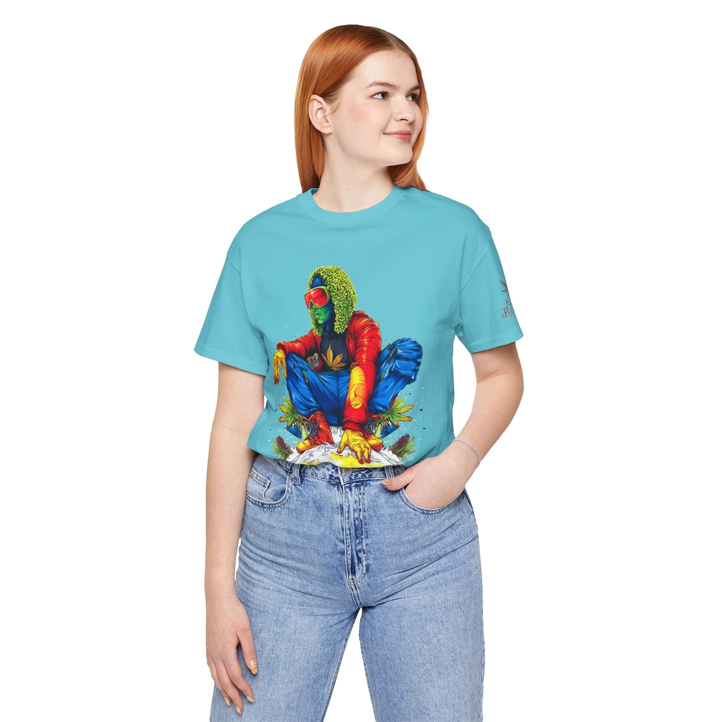 Psychedelic Chill Premium Cannabis Culture T-Shirt - Vibrant Street Art With Rainbow Color Explosion And Meditative Pose