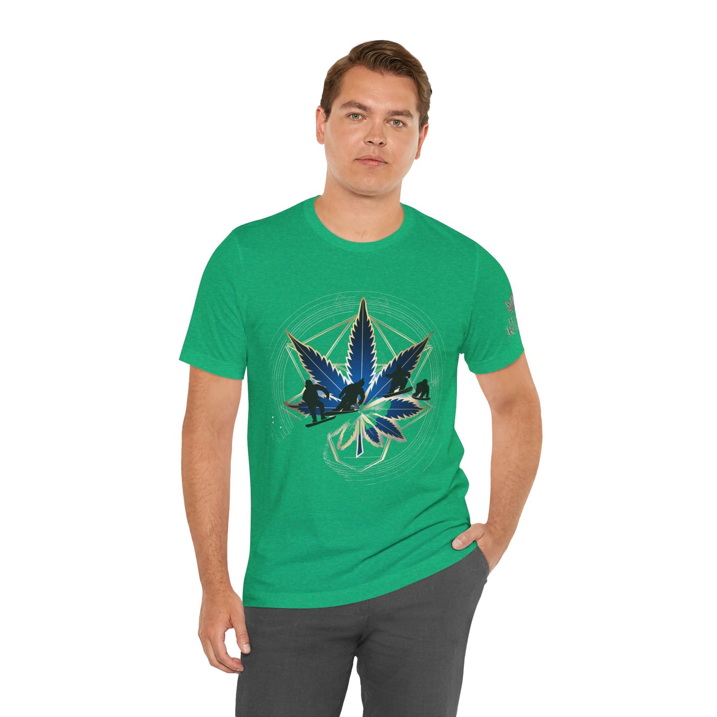 Sacred Geometry Snowboard Premium Cannabis Culture T-Shirt - Emerald Green Tee With Action Sports And Crystalline Cannabis Geometric Mandala