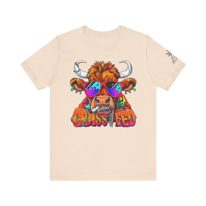 High Roller Grass Fed Cannabis T-Shirt - Premium 420 Highland Cow Humor Psychedelic Sunglasses Farm Culture Comedy Apparel