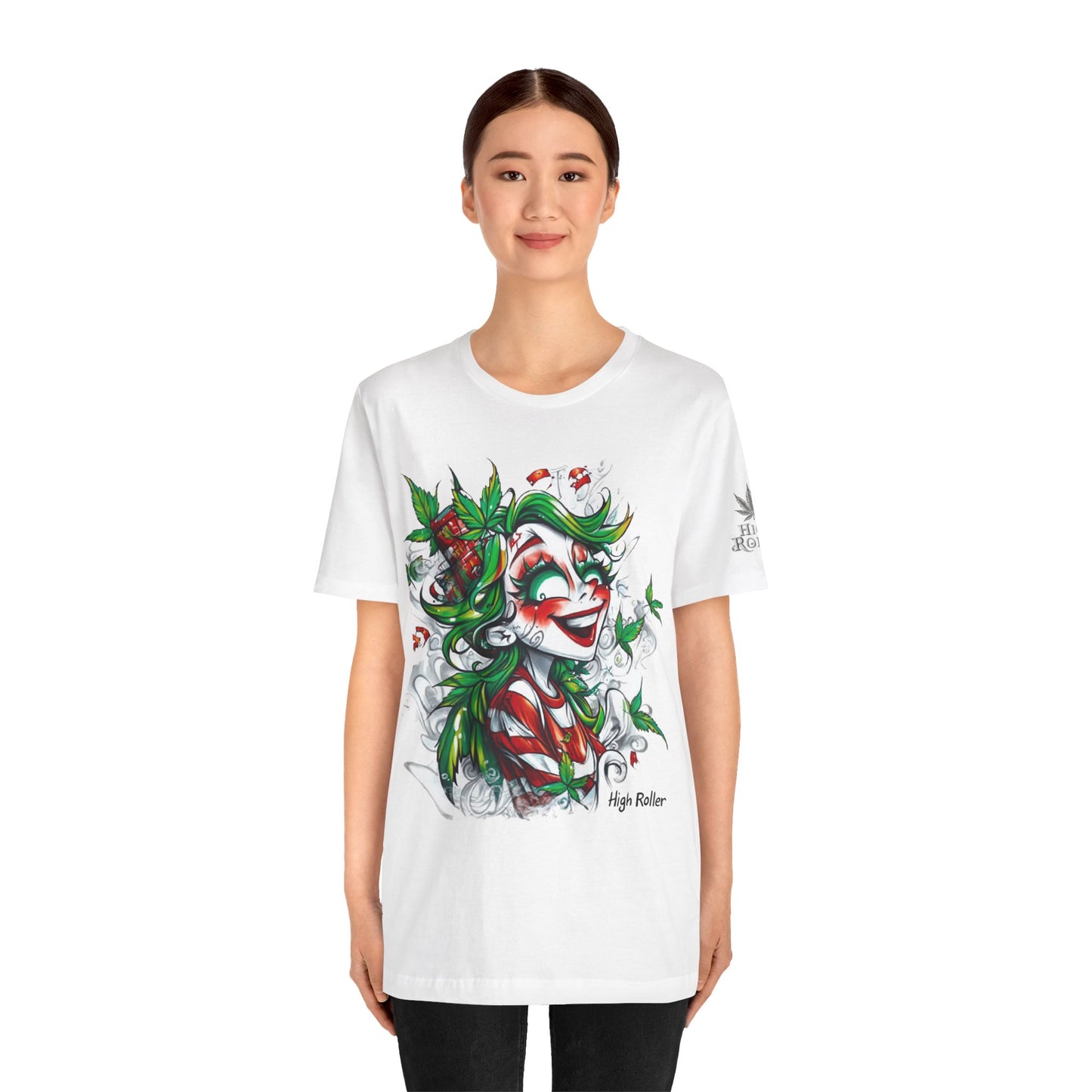 High Roller Jester Queen Cannabis T-Shirt - Premium 420 Harlequin Beauty Holiday Celebration Apparel