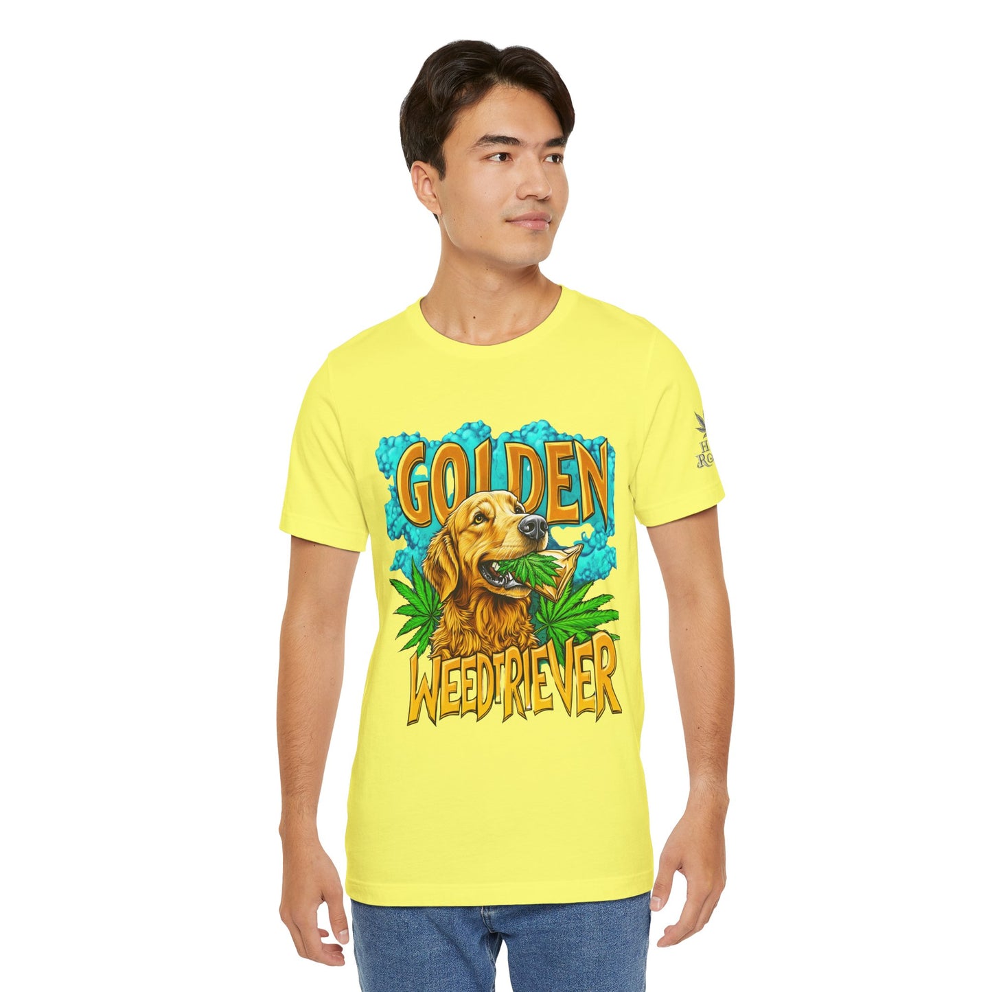 High Roller Golden Weedtriever Cannabis T-Shirt - Premium 420 Dog Lover Humor Golden Retriever Pun Comedy Pet Culture Apparel