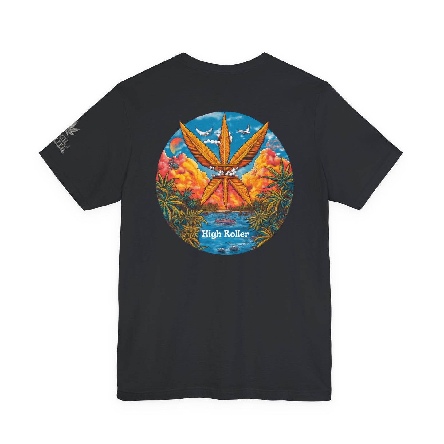 Cannabis Paradise Circle Tee - Tropical Sunset Art Design | High Roller