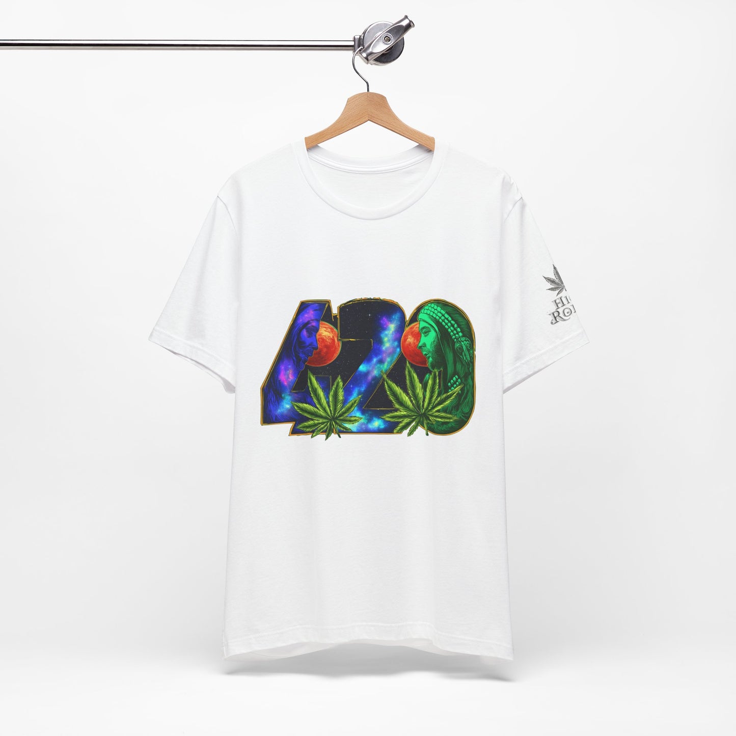 420 Cosmic Connection Premium Cannabis Culture T-Shirt - Bold Typography With Celestial Profiles And Luminous Cannabis Leaf Design