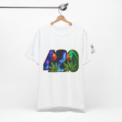 420 Cosmic Connection Premium Cannabis Culture T-Shirt - Bold Typography With Celestial Profiles And Luminous Cannabis Leaf Design