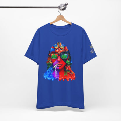 Pharaoh Vision Premium Cannabis Culture T-Shirt - Ancient Egyptian Royalty With Modern Cannabis Celebration And Psychedelic Split-Face Art