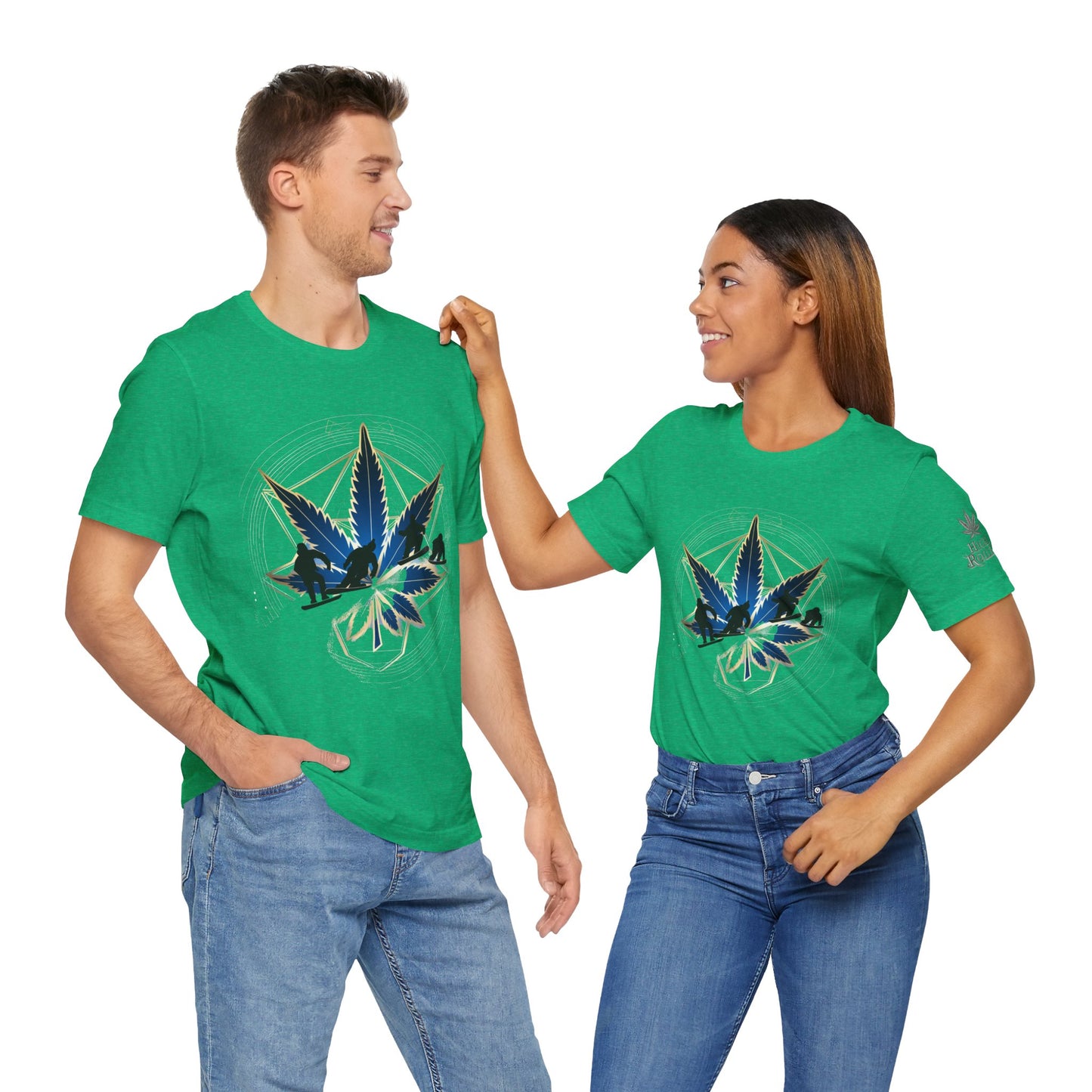 Sacred Geometry Snowboard Premium Cannabis Culture T-Shirt - Emerald Green Tee With Action Sports And Crystalline Cannabis Geometric Mandala