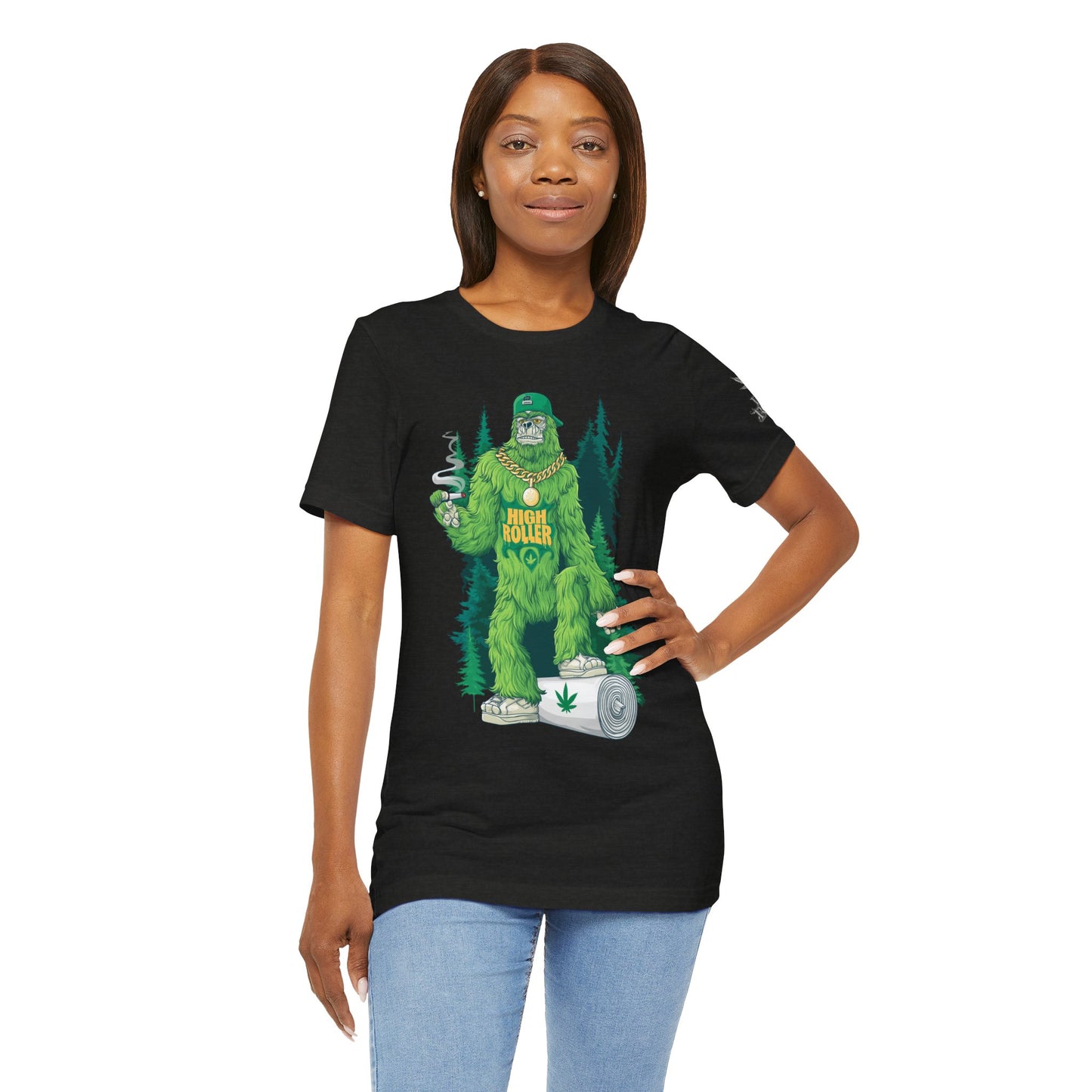 Bigfoot HIGH ROLLER Halloween Cannabis Forest T-Shirt - Premium Sasquatch Lifestyle Legend 420 Apparel