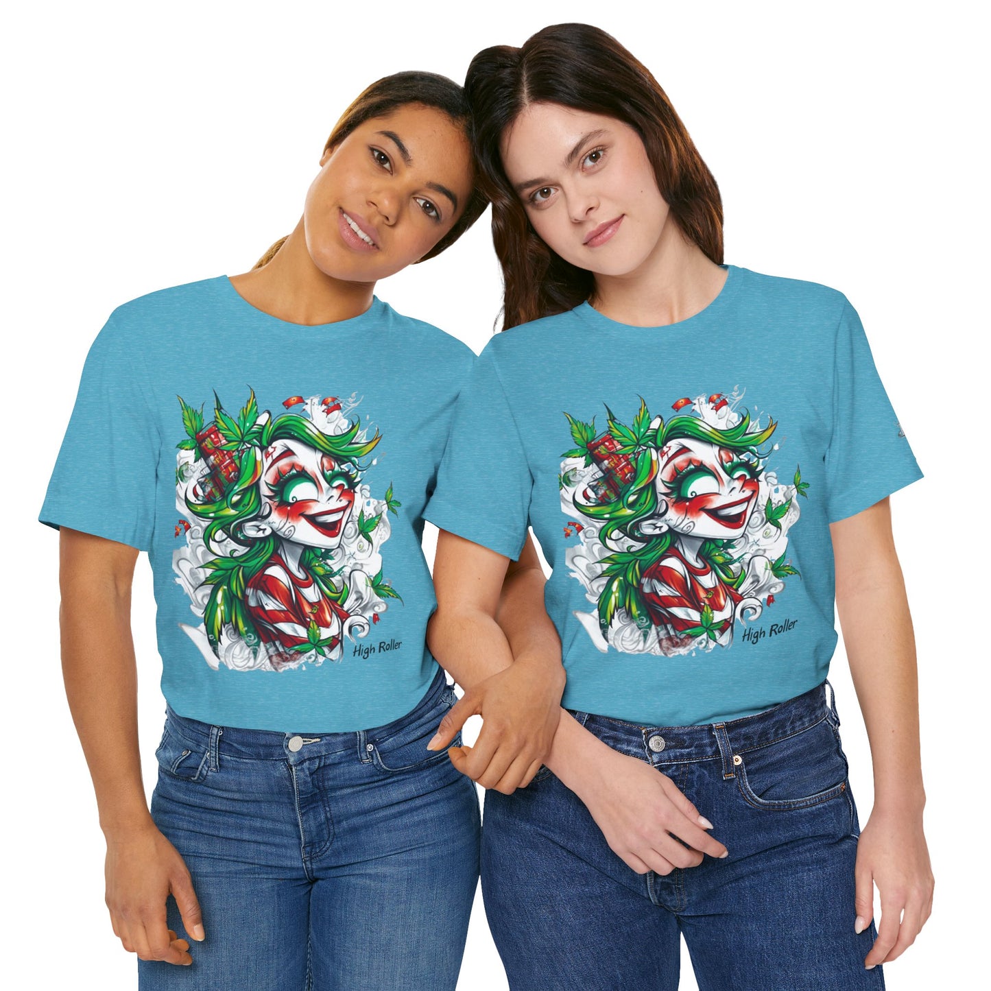 High Roller Jester Queen Cannabis T-Shirt - Premium 420 Harlequin Beauty Holiday Celebration Apparel