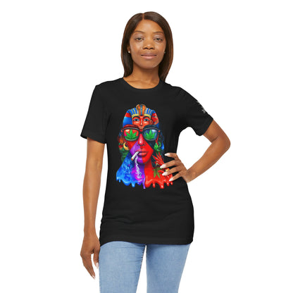 Pharaoh Vision Premium Cannabis Culture T-Shirt - Ancient Egyptian Royalty With Modern Cannabis Celebration And Psychedelic Split-Face Art