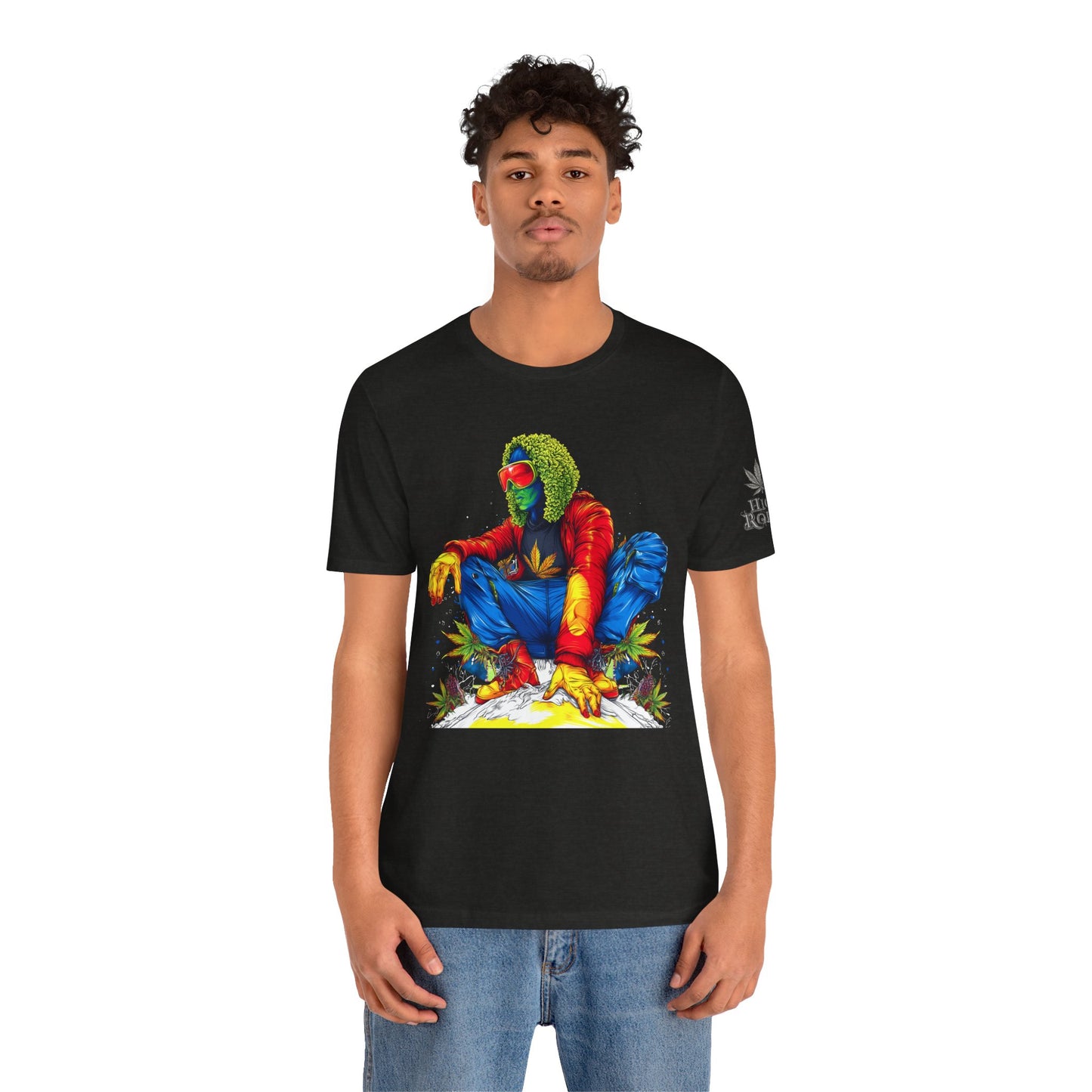 Psychedelic Chill Premium Cannabis Culture T-Shirt - Vibrant Street Art With Rainbow Color Explosion And Meditative Pose