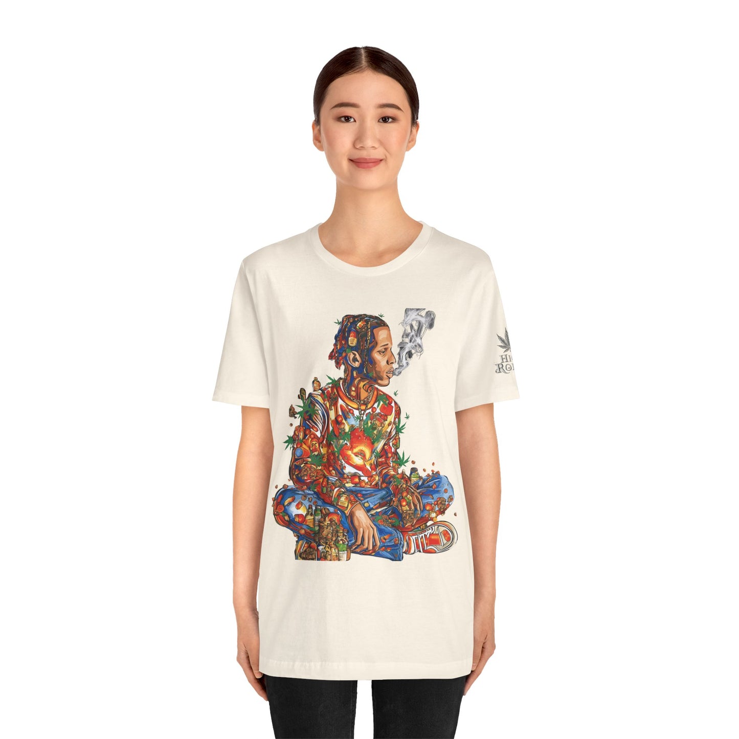 High Roller Meditation Mosaic Cannabis T-Shirt - Premium 420 Hip-Hop Zen Cross-Legged Street Culture Artistic Collage Apparel