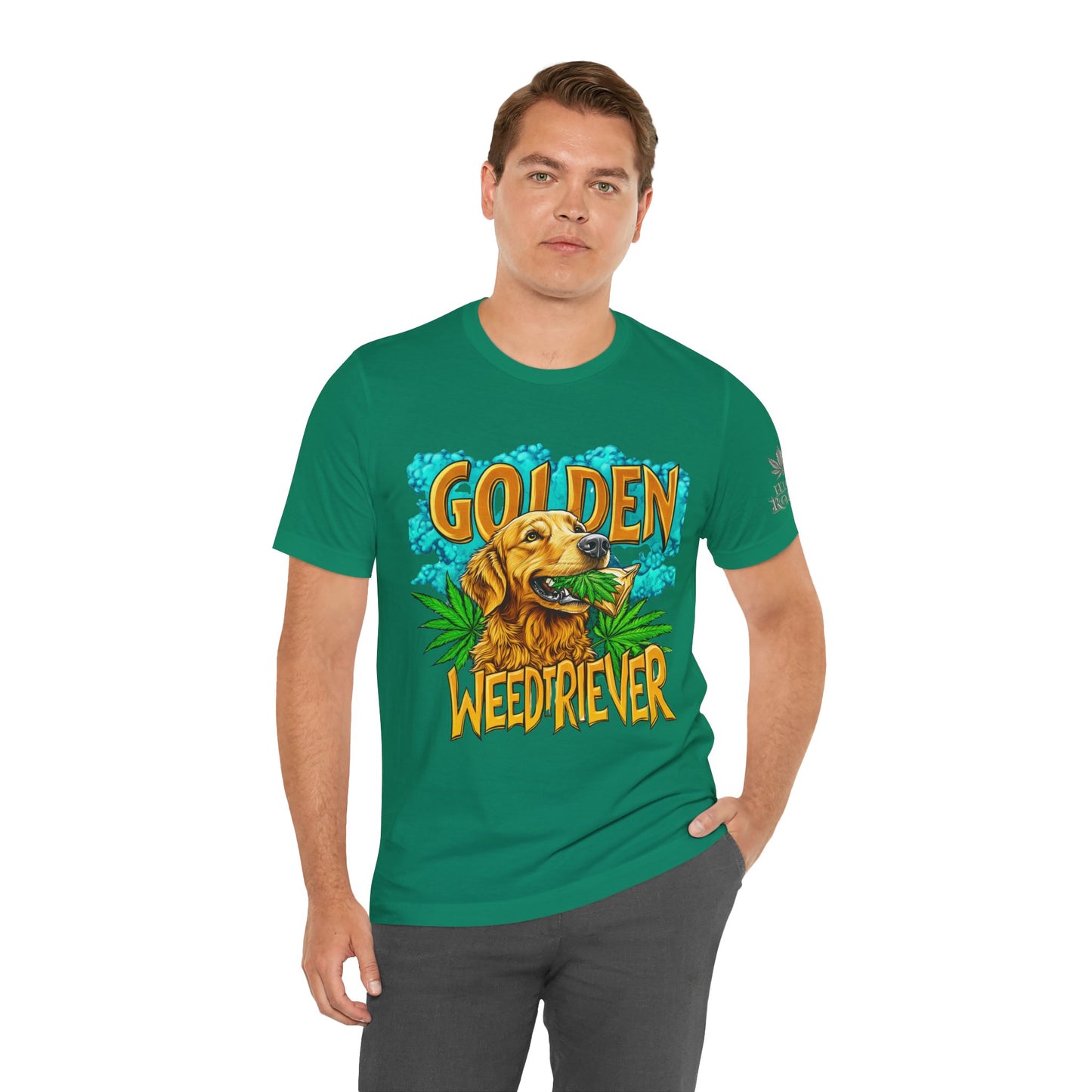 High Roller Golden Weedtriever Cannabis T-Shirt - Premium 420 Dog Lover Humor Golden Retriever Pun Comedy Pet Culture Apparel