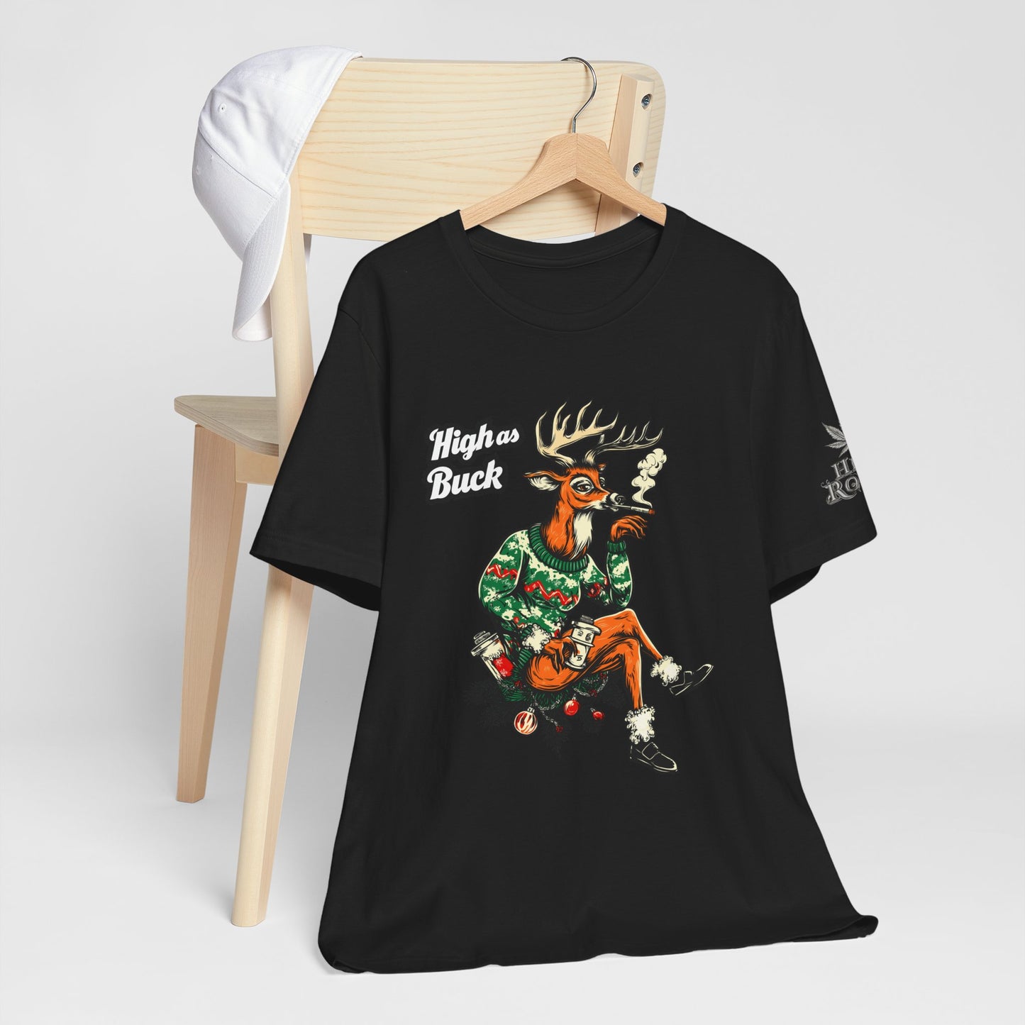 High as Buck T-Shirt - Premium Airlume Cotton Cannabis Christmas Deer Holiday Tee
