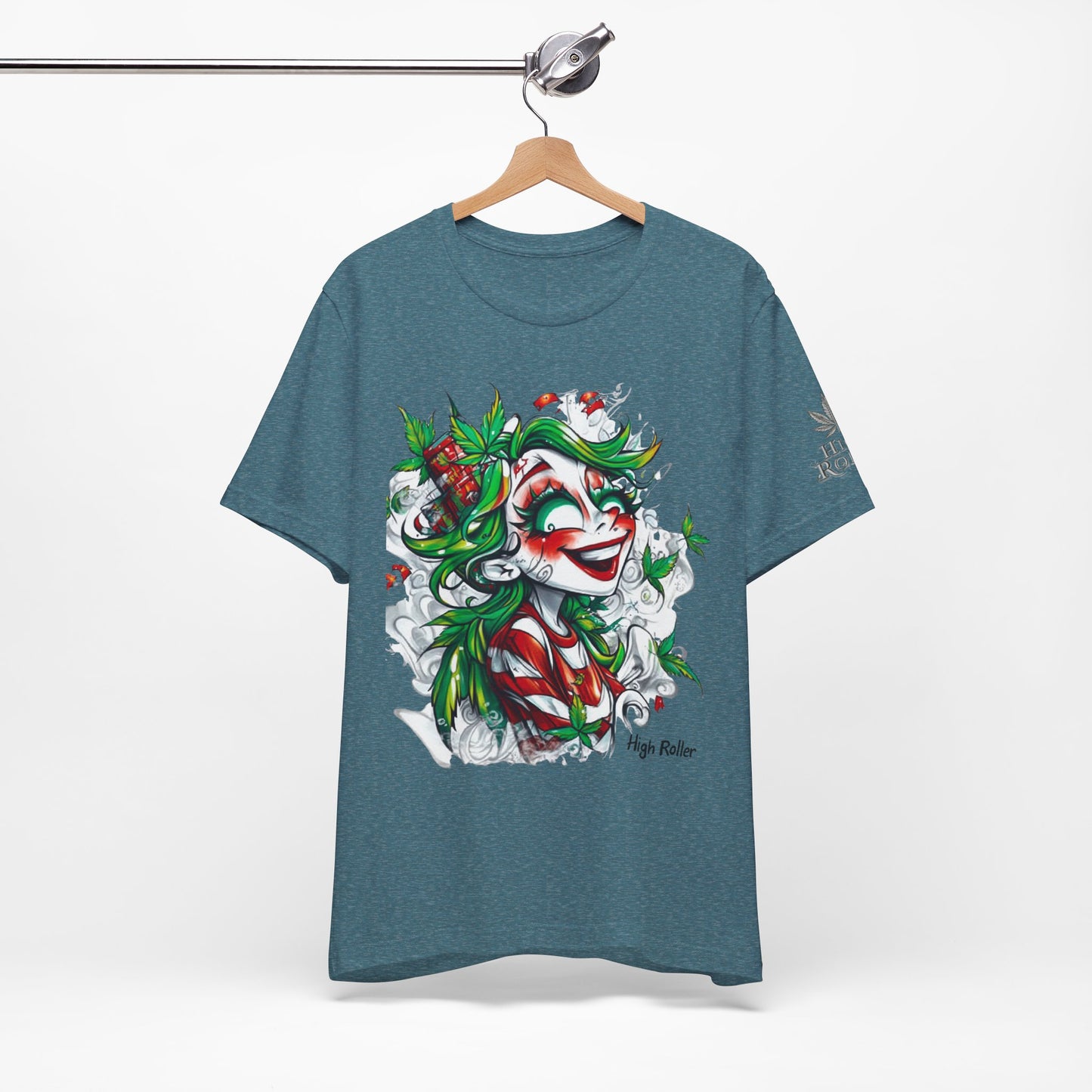 High Roller Jester Queen Cannabis T-Shirt - Premium 420 Harlequin Beauty Holiday Celebration Apparel