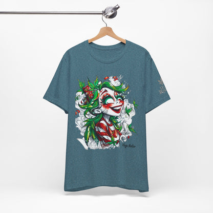 High Roller Jester Queen Cannabis T-Shirt - Premium 420 Harlequin Beauty Holiday Celebration Apparel