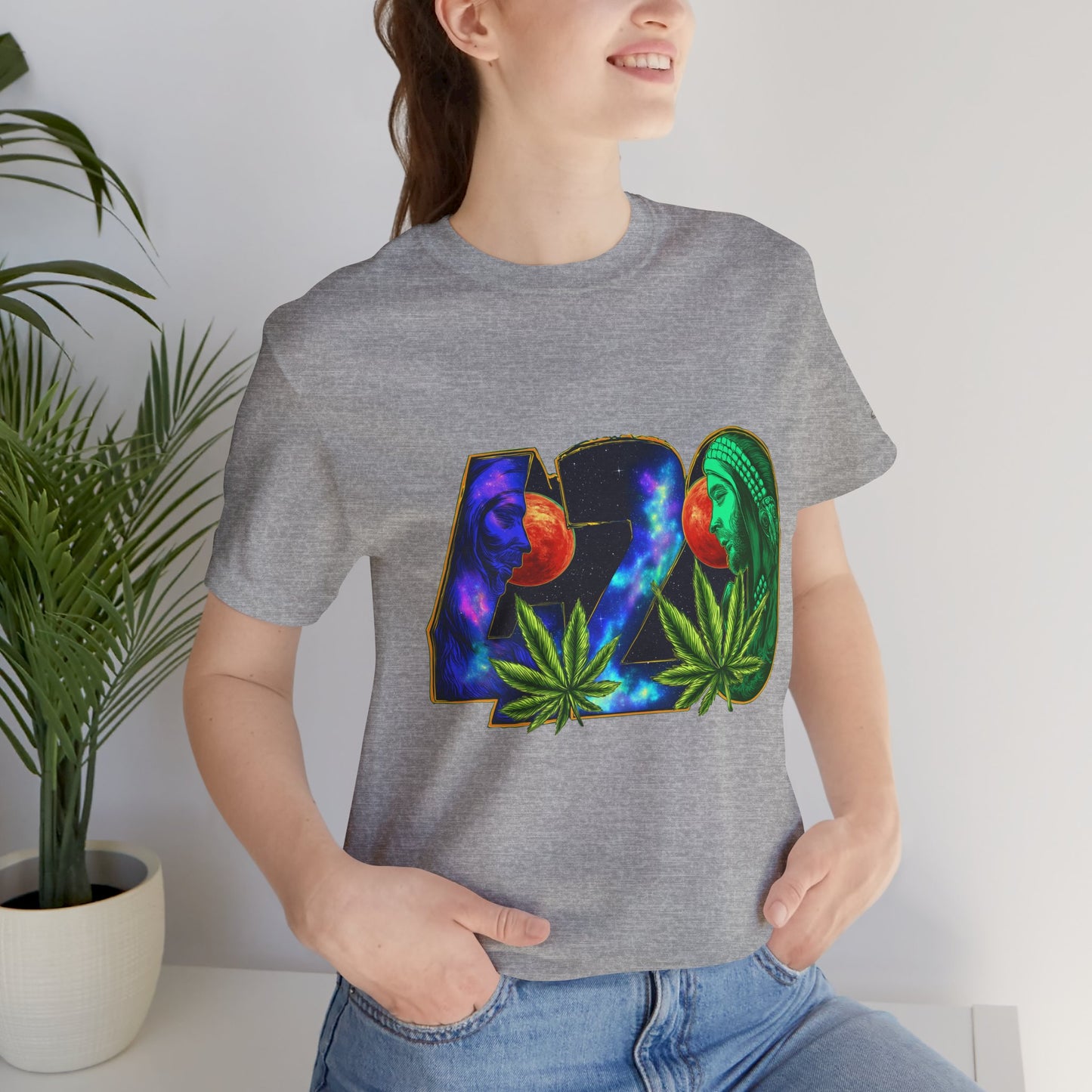 420 Cosmic Connection Premium Cannabis Culture T-Shirt - Bold Typography With Celestial Profiles And Luminous Cannabis Leaf Design