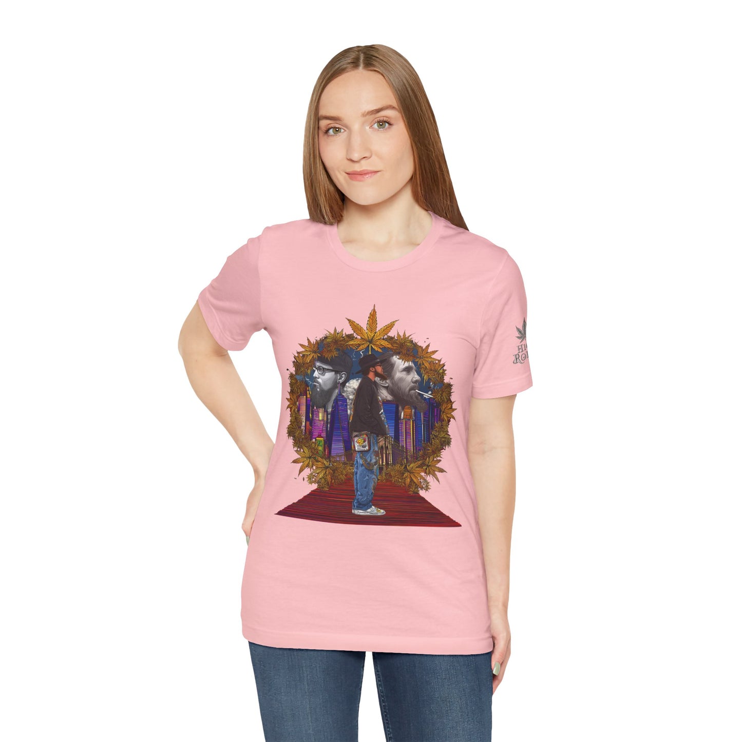 Red Carpet Royalty Premium Cannabis Culture T-Shirt - Hip-Hop Legends Tribute With Golden Cannabis Wreath And City Skyline