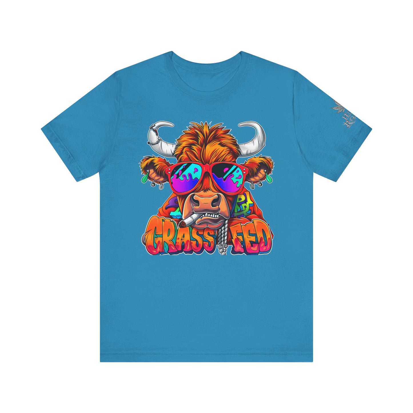 High Roller Grass Fed Cannabis T-Shirt - Premium 420 Highland Cow Humor Psychedelic Sunglasses Farm Culture Comedy Apparel