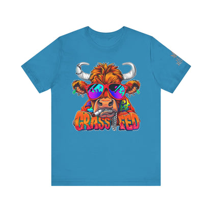 High Roller Grass Fed Cannabis T-Shirt - Premium 420 Highland Cow Humor Psychedelic Sunglasses Farm Culture Comedy Apparel