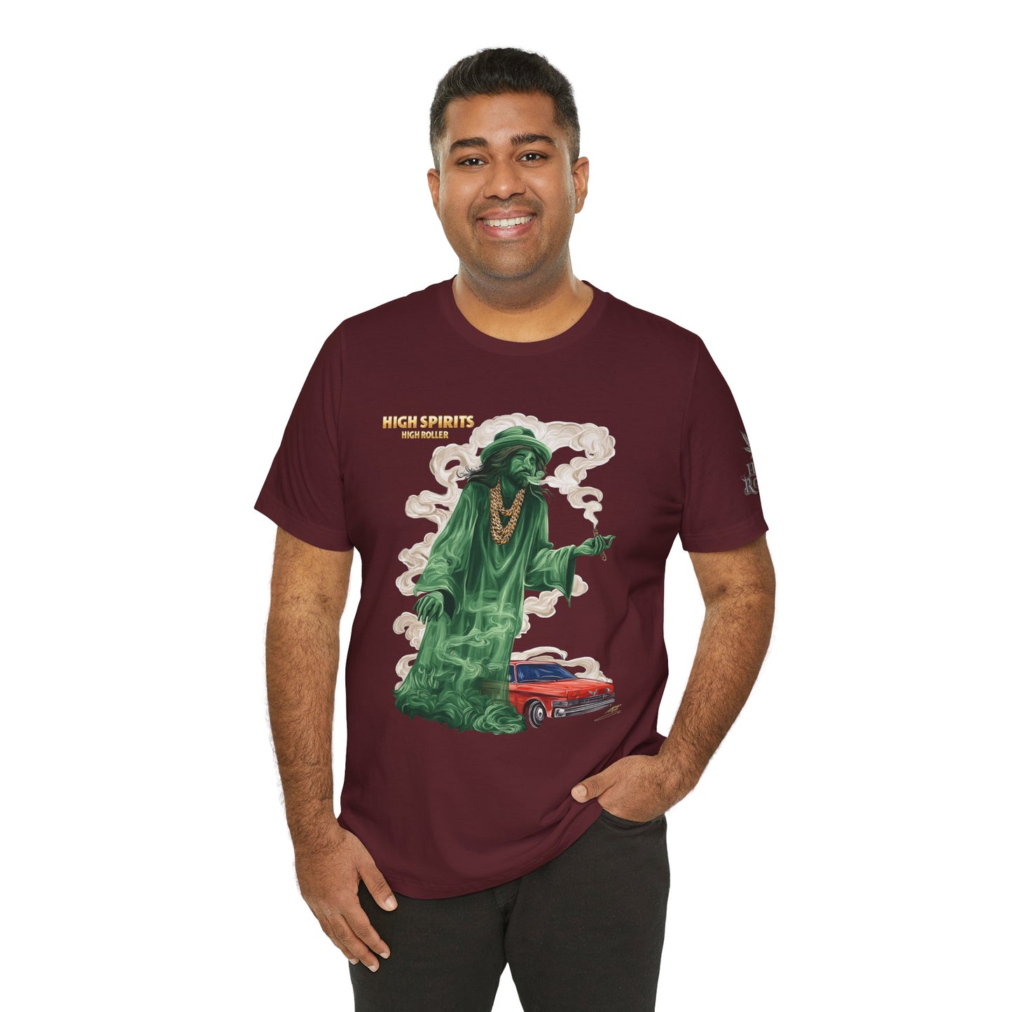 High Spirits HIGH ROLLER Halloween Cannabis Ghost T-Shirt - Premium Spectral Lowrider Phantom 420 Apparel