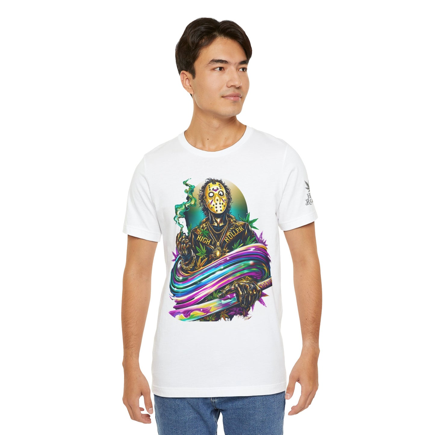 Psychedelic Jason Swoosh Cannabis T-Shirt - Premium Horror 420 Orange Edition Apparel