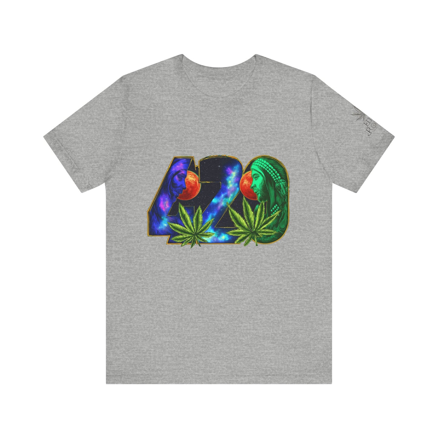 420 Cosmic Connection Premium Cannabis Culture T-Shirt - Bold Typography With Celestial Profiles And Luminous Cannabis Leaf Design