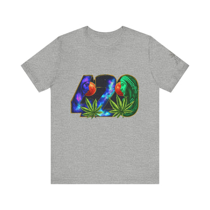 420 Cosmic Connection Premium Cannabis Culture T-Shirt - Bold Typography With Celestial Profiles And Luminous Cannabis Leaf Design