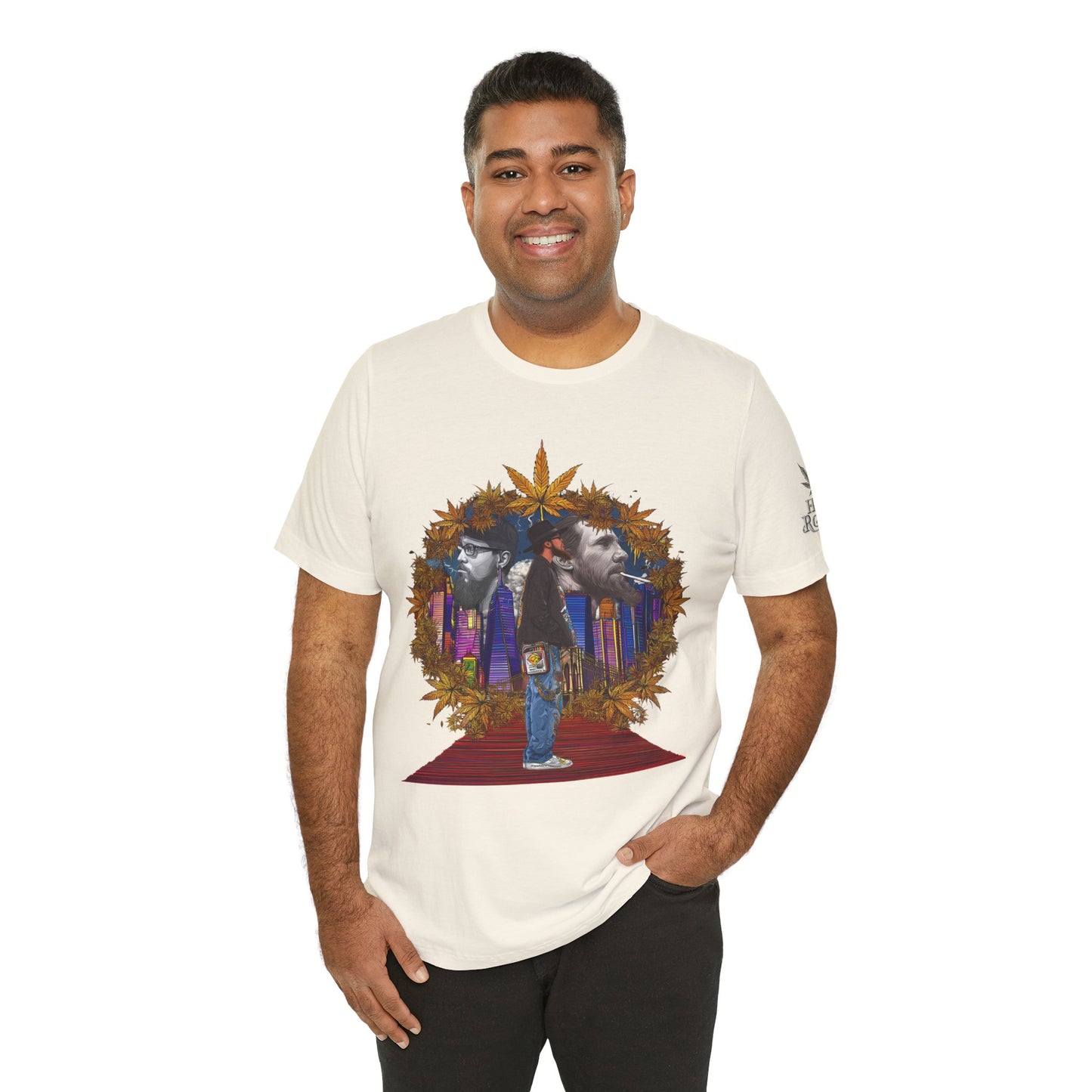 Red Carpet Royalty Premium Cannabis Culture T-Shirt - Hip-Hop Legends Tribute With Golden Cannabis Wreath And City Skyline