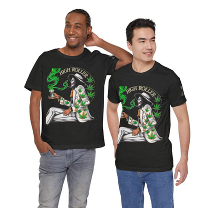 Skeletal HIGH ROLLER Halloween Cannabis Lounge T-Shirt - Premium Death's Day Off Botanical Relaxation 420 Apparel