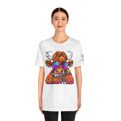 High Roller Grass Fed Cannabis T-Shirt - Premium 420 Highland Cow Humor Psychedelic Sunglasses Farm Culture Comedy Apparel
