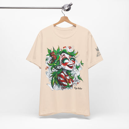 High Roller Jester Queen Cannabis T-Shirt - Premium 420 Harlequin Beauty Holiday Celebration Apparel