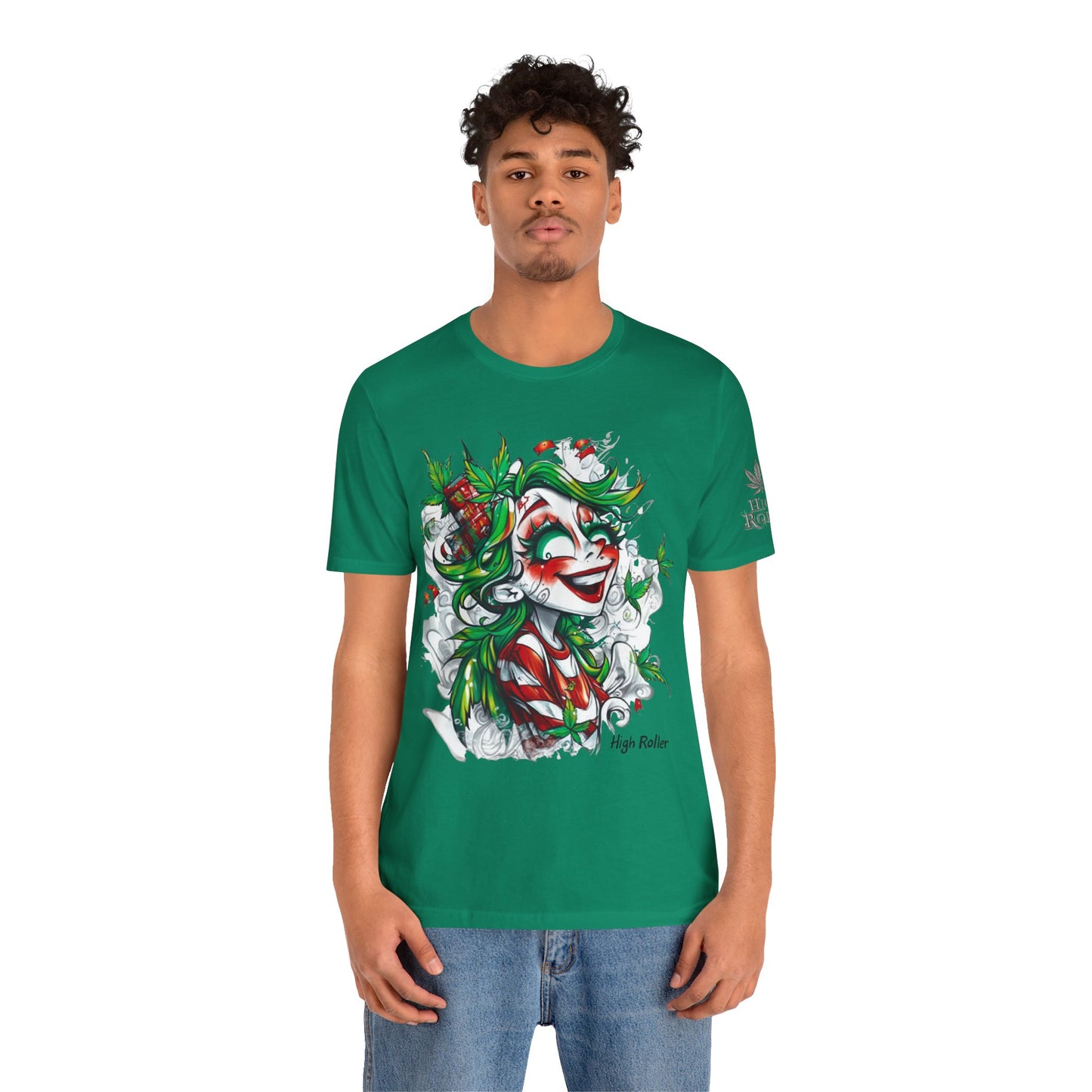 High Roller Jester Queen Cannabis T-Shirt - Premium 420 Harlequin Beauty Holiday Celebration Apparel