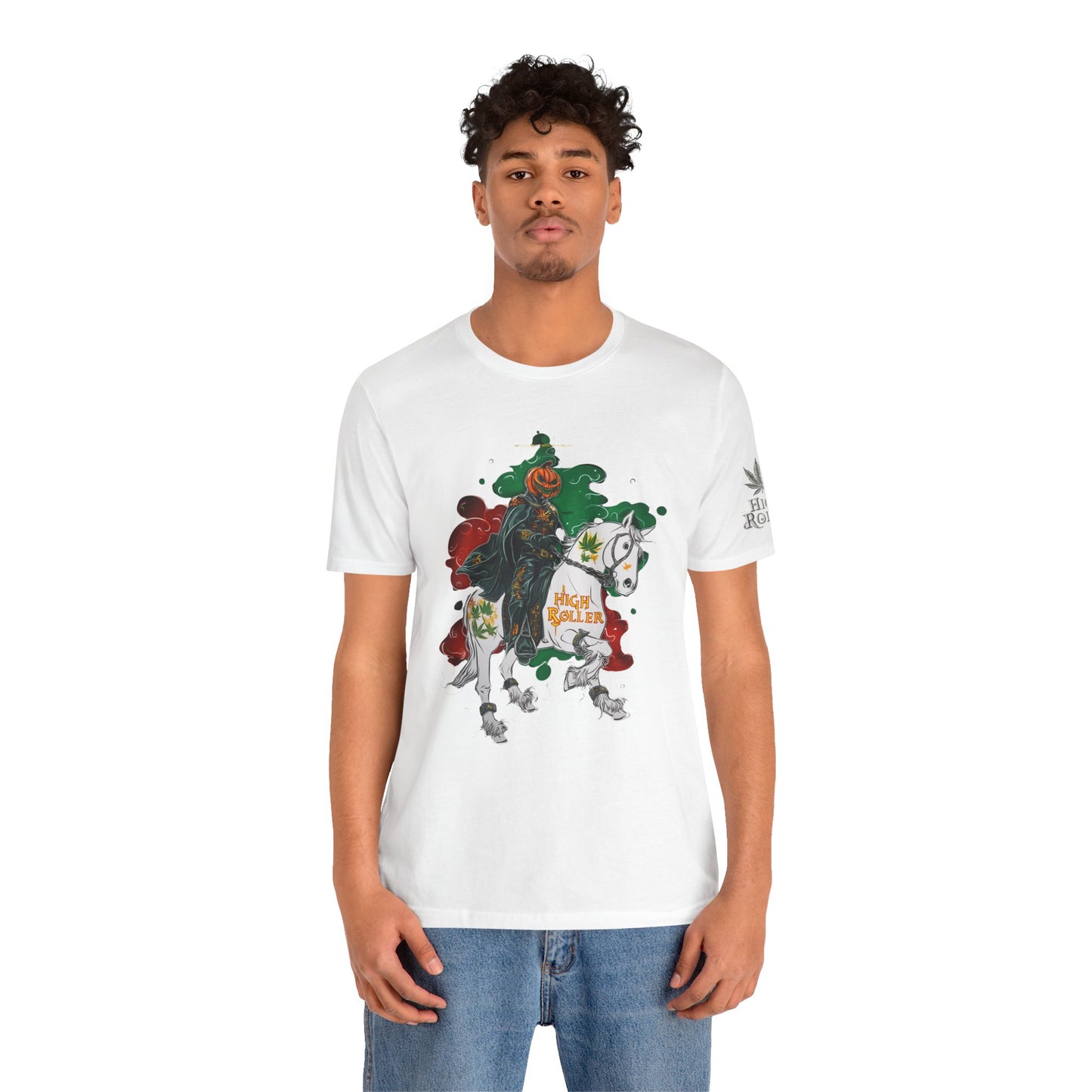 Headless Horseman HIGH ROLLER Halloween Cannabis T-Shirt - Premium Pumpkin Rider Skeletal Steed 420 Apparel