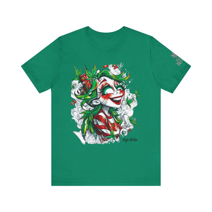 High Roller Jester Queen Cannabis T-Shirt - Premium 420 Harlequin Beauty Holiday Celebration Apparel