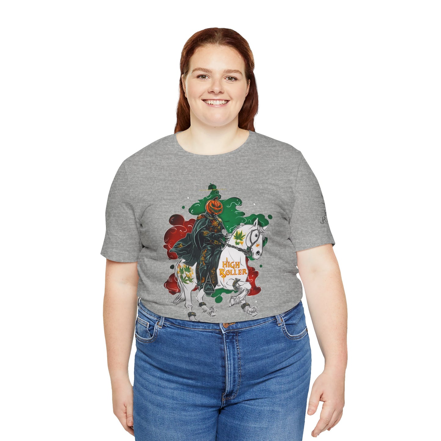 Headless Horseman HIGH ROLLER Halloween Cannabis T-Shirt - Premium Pumpkin Rider Skeletal Steed 420 Apparel