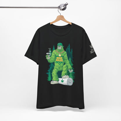 Bigfoot HIGH ROLLER Halloween Cannabis Forest T-Shirt - Premium Sasquatch Lifestyle Legend 420 Apparel