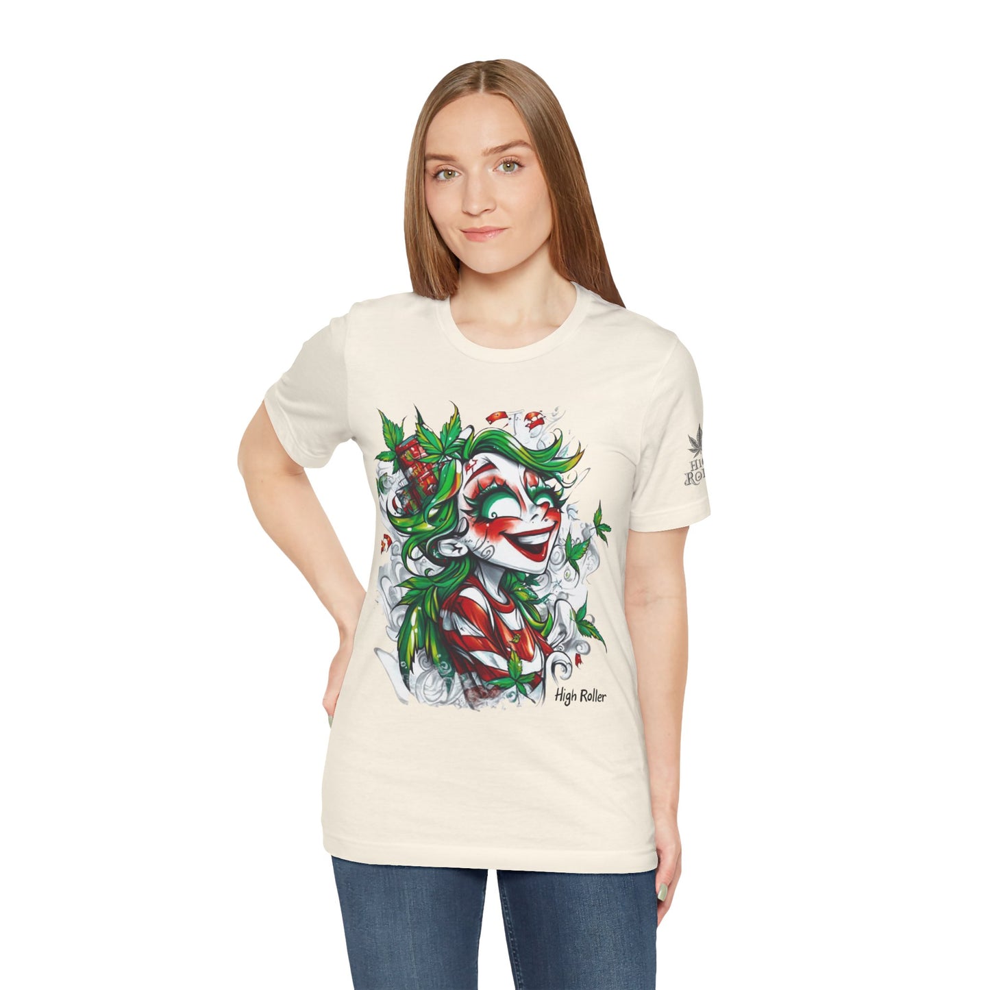High Roller Jester Queen Cannabis T-Shirt - Premium 420 Harlequin Beauty Holiday Celebration Apparel
