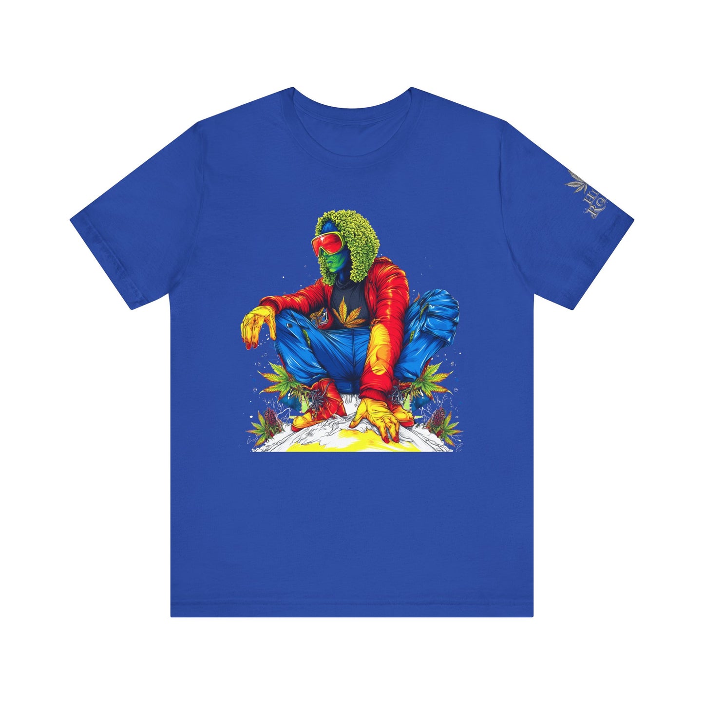 Psychedelic Chill Premium Cannabis Culture T-Shirt - Vibrant Street Art With Rainbow Color Explosion And Meditative Pose