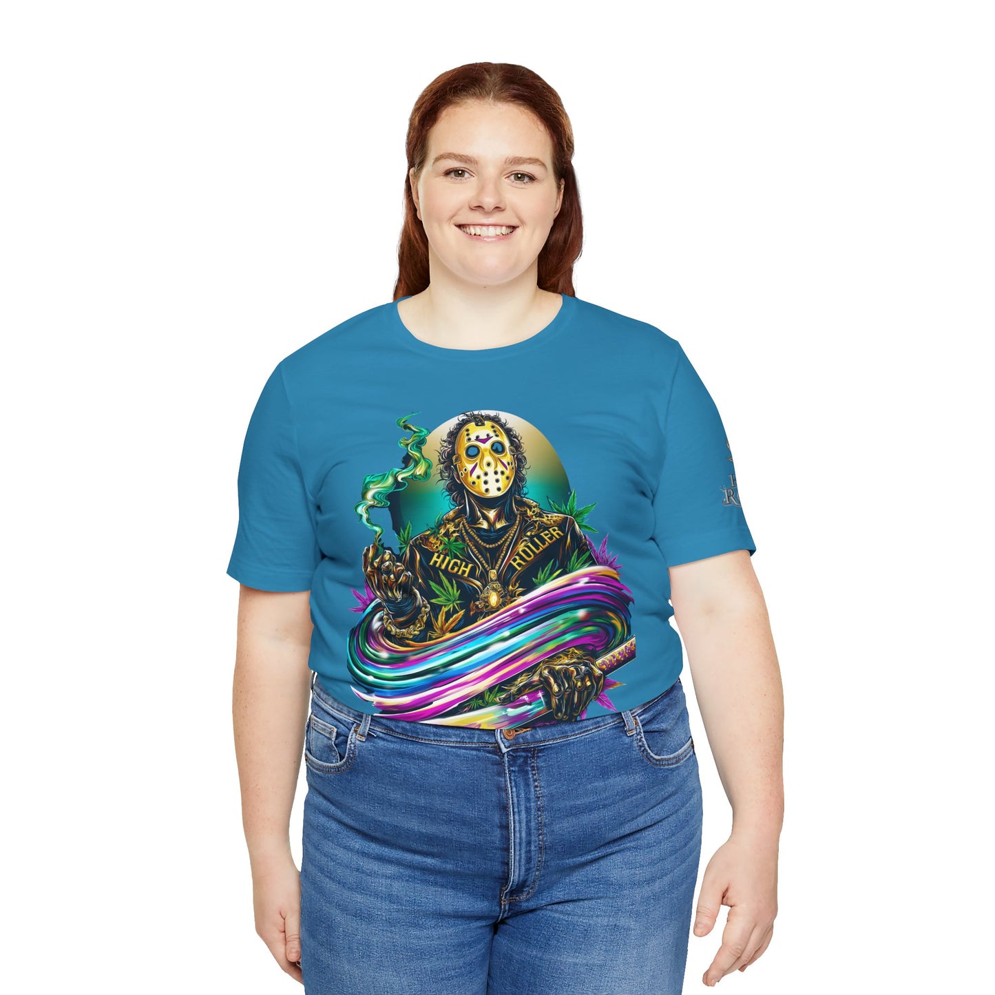 Psychedelic Jason Swoosh Cannabis T-Shirt - Premium Horror 420 Orange Edition Apparel