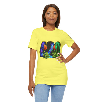 420 Cosmic Connection Premium Cannabis Culture T-Shirt - Bold Typography With Celestial Profiles And Luminous Cannabis Leaf Design