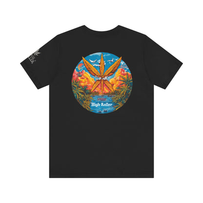 Cannabis Paradise Circle Tee - Tropical Sunset Art Design | High Roller