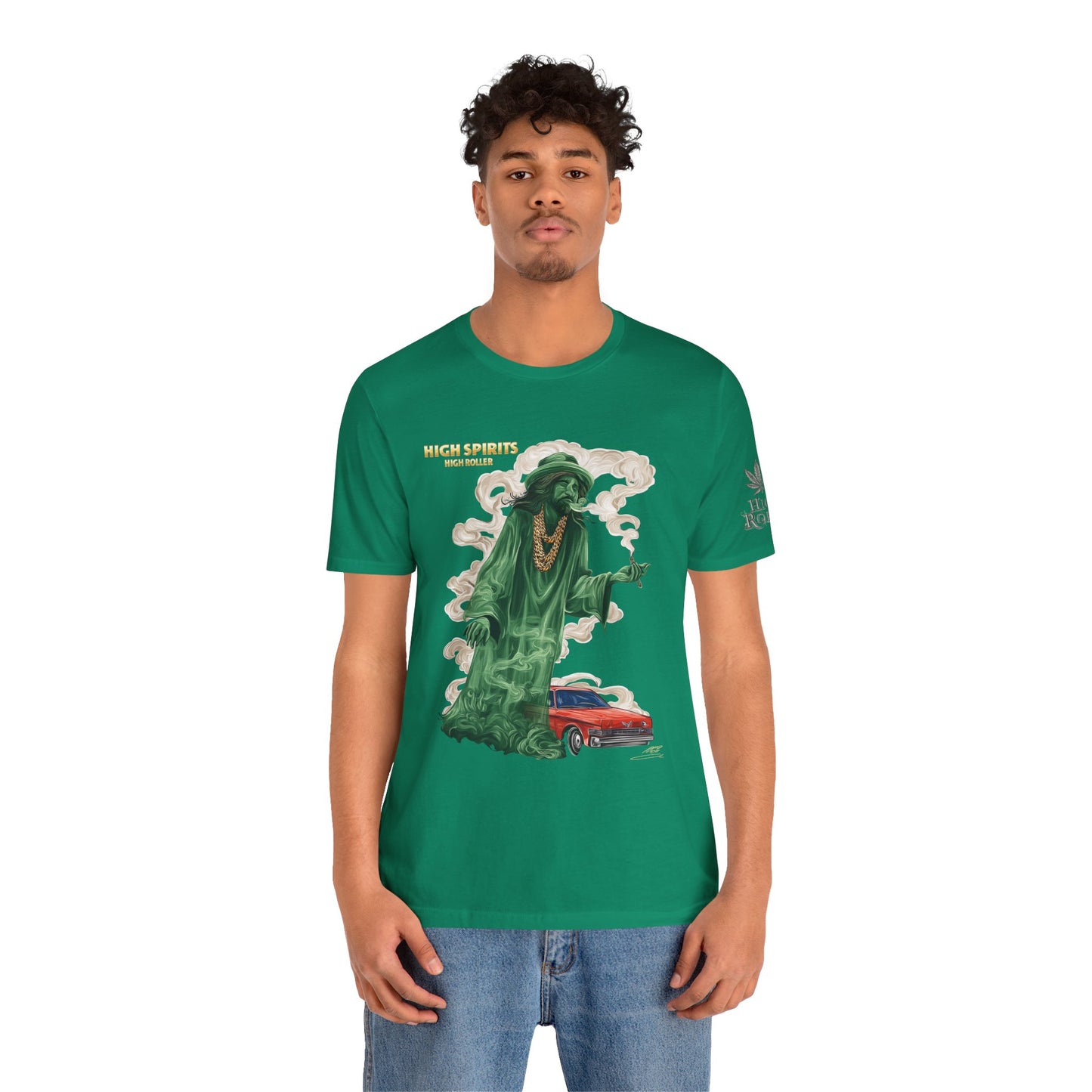 High Spirits HIGH ROLLER Halloween Cannabis Ghost T-Shirt - Premium Spectral Lowrider Phantom 420 Apparel