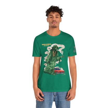 High Spirits HIGH ROLLER Halloween Cannabis Ghost T-Shirt - Premium Spectral Lowrider Phantom 420 Apparel