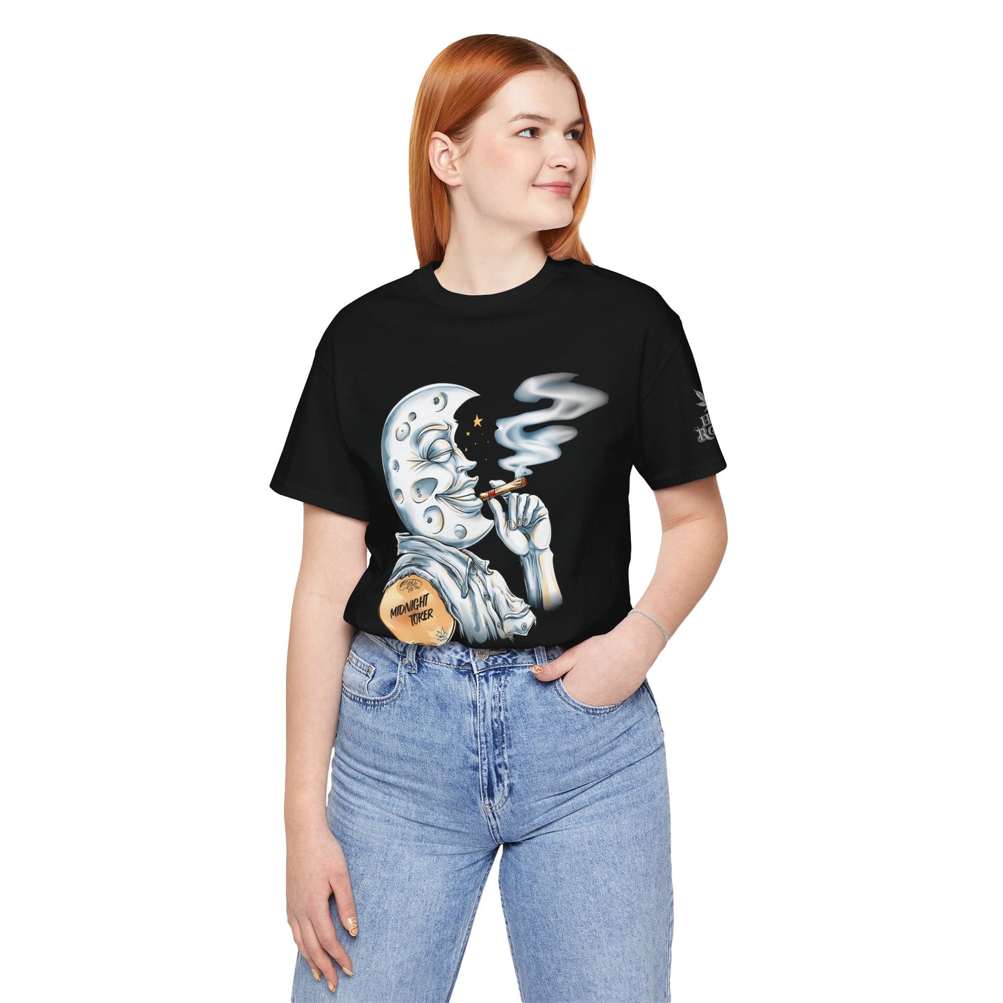 Midnight Toker Moon Tee - Celestial Cannabis Art Design | High Roller