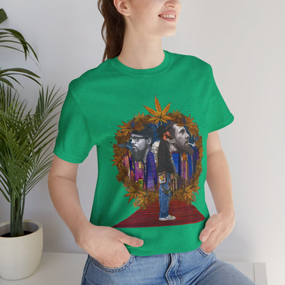 Red Carpet Royalty Premium Cannabis Culture T-Shirt - Hip-Hop Legends Tribute With Golden Cannabis Wreath And City Skyline