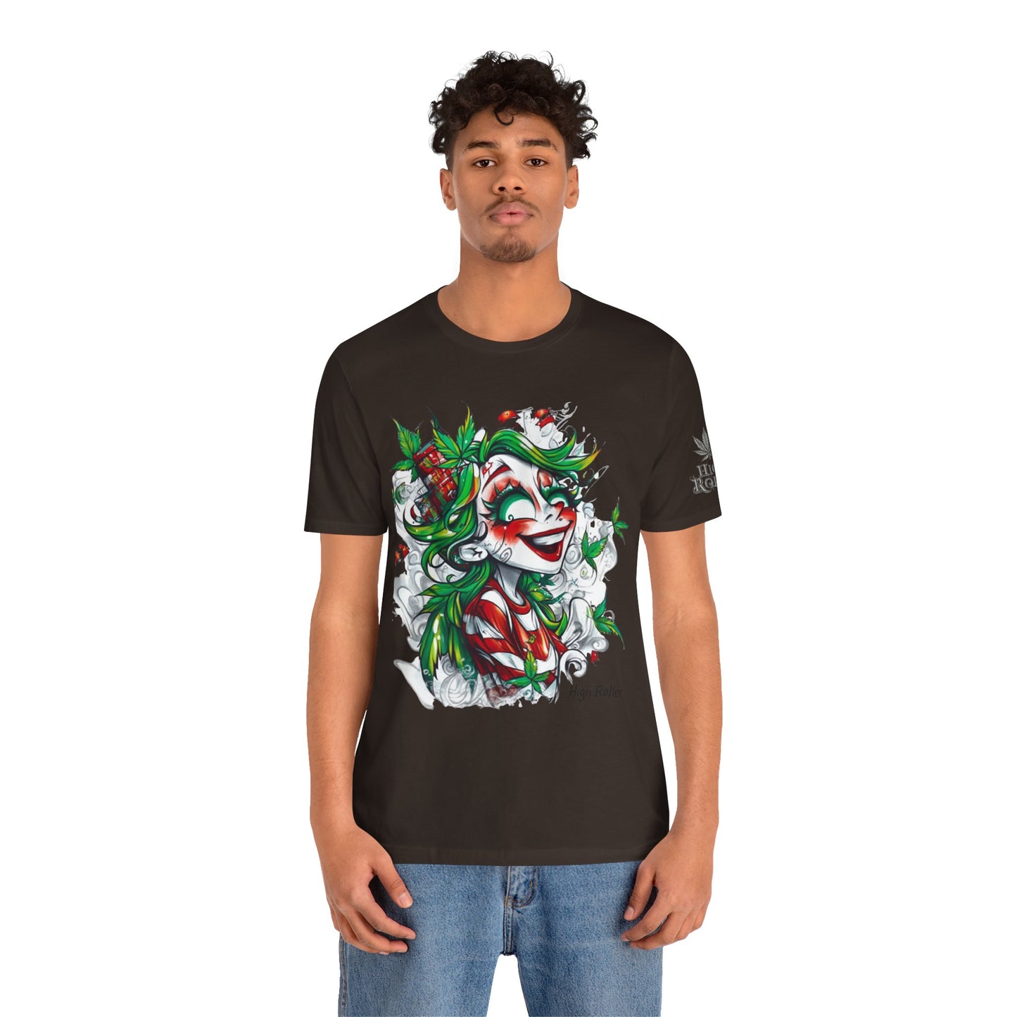 High Roller Jester Queen Cannabis T-Shirt - Premium 420 Harlequin Beauty Holiday Celebration Apparel