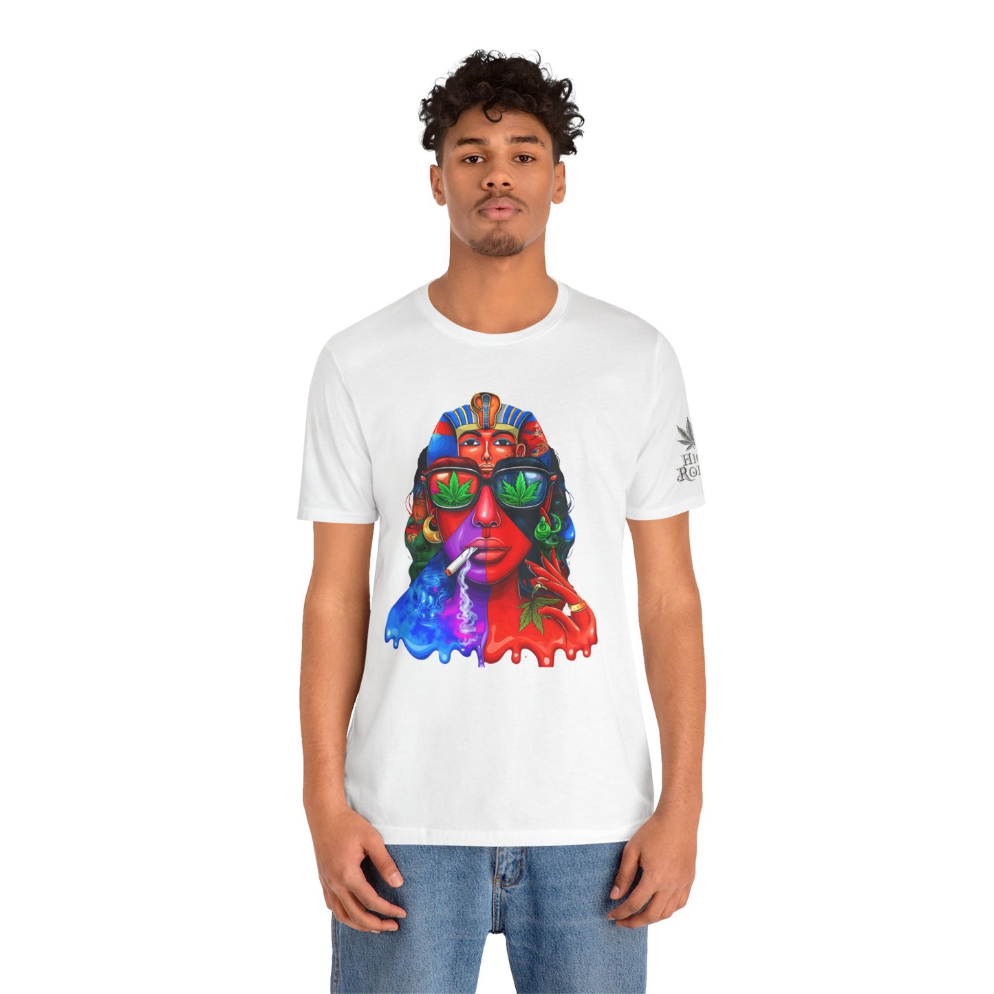 Pharaoh Vision Premium Cannabis Culture T-Shirt - Ancient Egyptian Royalty With Modern Cannabis Celebration And Psychedelic Split-Face Art
