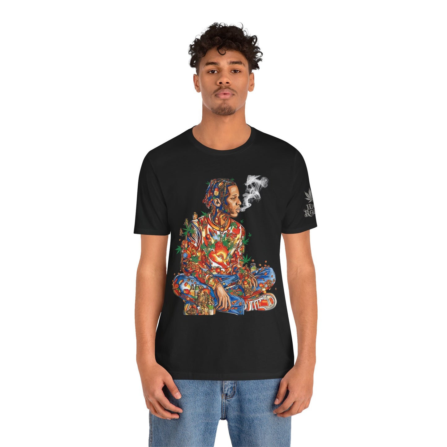 High Roller Meditation Mosaic Cannabis T-Shirt - Premium 420 Hip-Hop Zen Cross-Legged Street Culture Artistic Collage Apparel